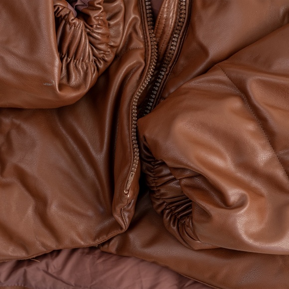 OOF WEAR Faux Leather Puffer Women's Jacket Hooded Brown $428 - Size 48 - US 12 - Picture 12 of 14
